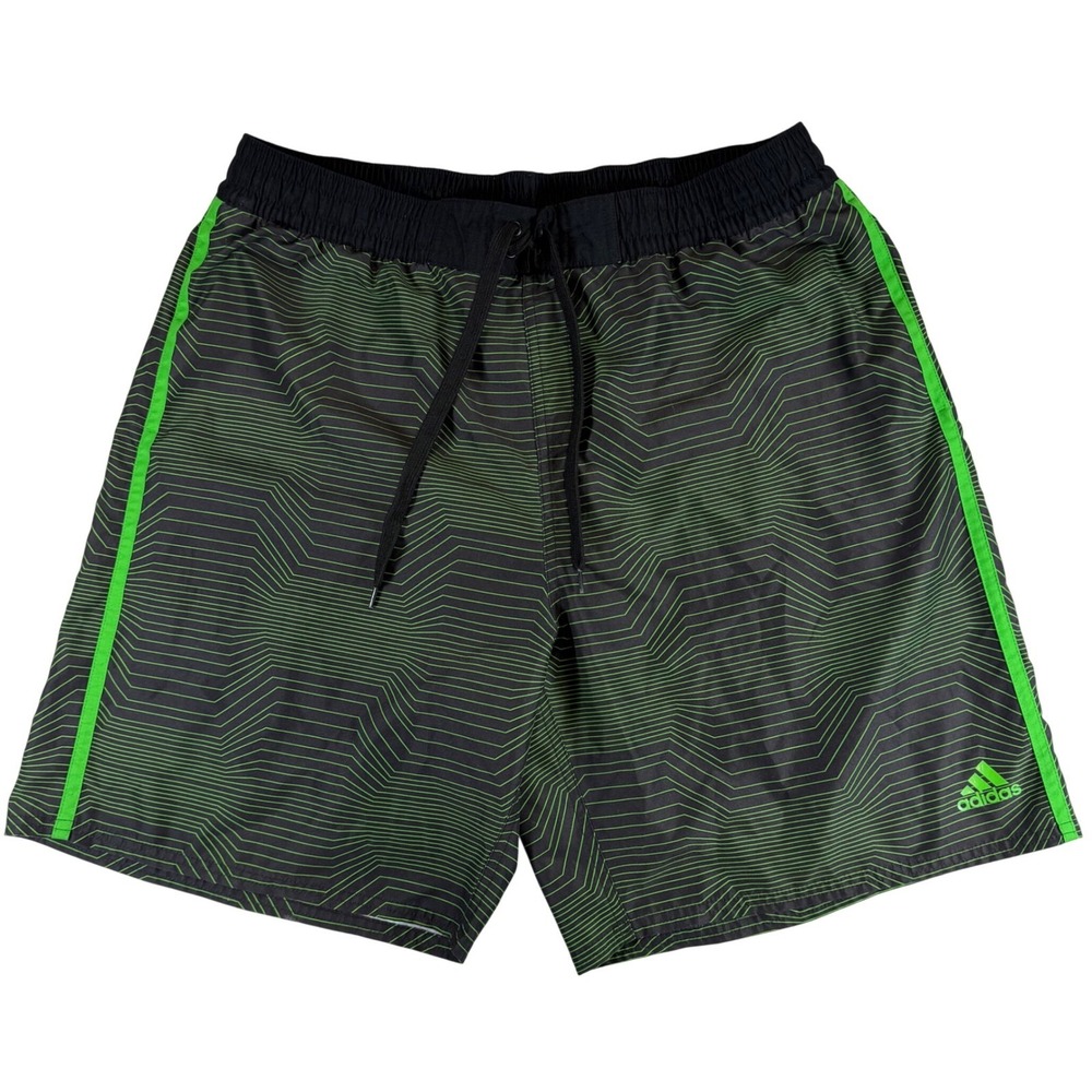 Adidas Mens XXL Swim Trunks Black Neon Green Geometric Board Shorts Mesh Lining